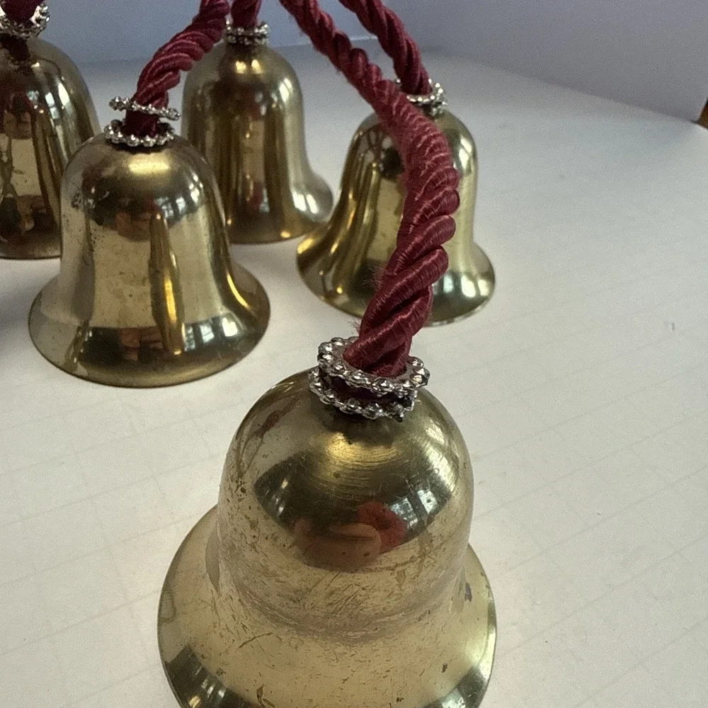 Vintage SET of 5 Vintage BRASS BELLS HANGING on CORD Doorknob Etc…